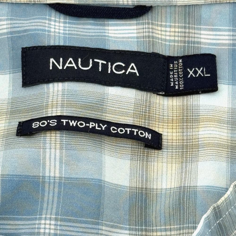 Nautica Men's 80s 2 ply cotton plaid button shirt long sleeve XXL Blue/White/Tan - Picture 4 of 8